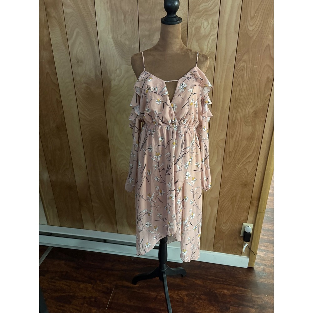 Daytrip Pink Floral Cold‎ Shoulder Ruffle High Low Midi Dress Women Large